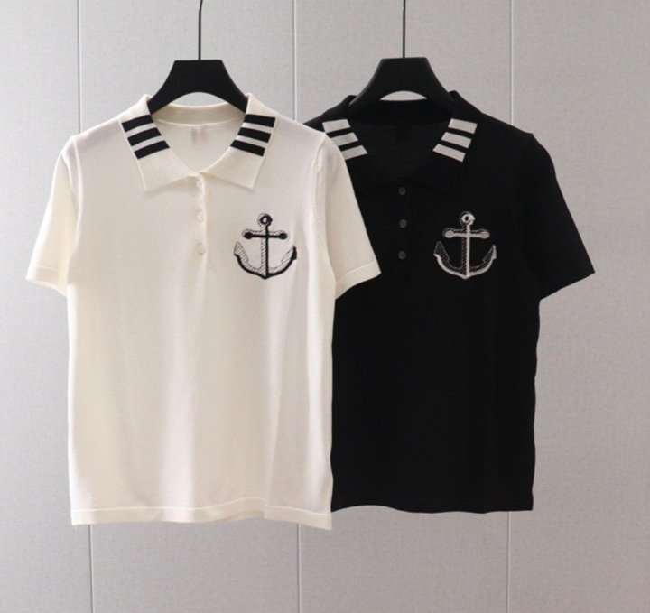 THOM BROWNE 톰브라운 앵커 카라 반팔 니트