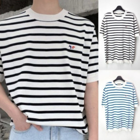 MAISON KITSUNE 메종키츠네 트리컬러 단가라 니트반팔