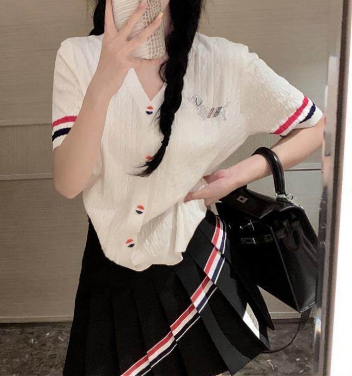 THOM BROWNE 톰브라운 큐빅헥터 와이넥 반팔 니트 셔츠 2COLOR