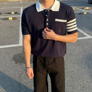THOM BROWNE 톰브라운 사선완장 배색 카라 반팔니트 2COLOR