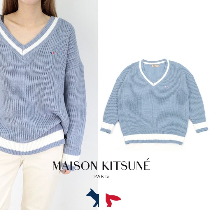 MAISON KITSUNE 메종키츠네 로고패치 V넥 오버 니트