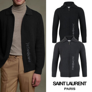 SAINT LAURENT 생로랑 레터링 자수 와플 니트 집업