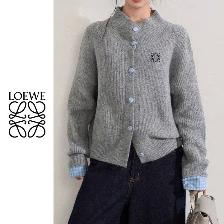 LOEWE 로에베 체크 배색 니트 가디건 4COLOR