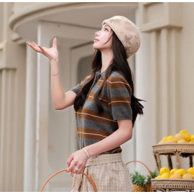 MIUMIU 미우미우 64296 스트라이프 코튼 실크 니트 폴로 반팔