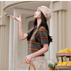 MIUMIU 미우미우 64296 스트라이프 코튼 실크 니트 폴로 반팔