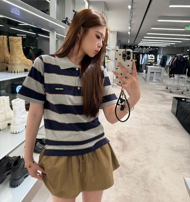 MIUMIU 미우미우 64299 스트라이프 코튼 실크 니트 폴로 반팔