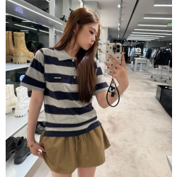 MIUMIU 미우미우 64299 스트라이프 코튼 실크 니트 폴로 반팔