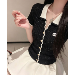 CHANEL 샤넬 1033 배색 펄 반팔 니트 가디건 2COLOR