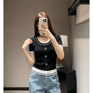 CHANEL 샤넬 1051 CC 로고 배색 니트 반팔 2COLOR
