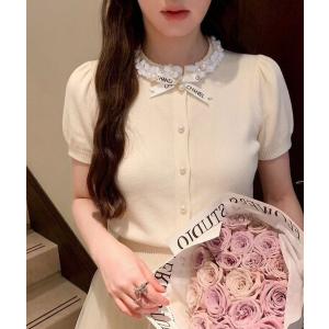 CHANEL 샤넬 1071 카멜리아 넥레이스 리본 로고 반팔 니트 가디건 3COLOR