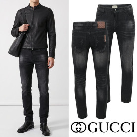 GUCCI 구찌 모노그램 레더 패치 흑청 슬림진